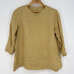 Muji 100% Linen 3/4 Sleeve Button Shirt L Round Neck Tan Gold Beige Quiet Luxury